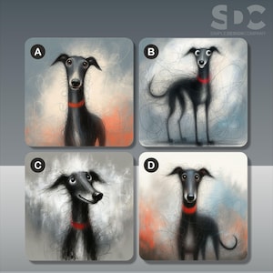 Puede incluir: Cuatro impresiones cuadradas con retratos estilizados de galgos. Cada perro tiene un pelaje negro y un collar rojo. Los fondos son una mezcla de pinceladas azules, grises y naranjas. El logotipo de Simple Design Company está en la esquina superior derecha.