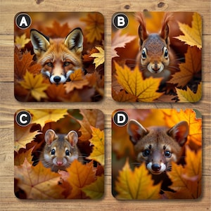 May include: Four square coasters with different animals peeking out from a bed of autumn leaves. The animals are a fox, a squirrel, a mouse, and a small dog.