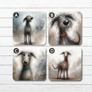 Scottish Deerhound quadratischer Untersetzer, 9 cm x 9 cm, Korkboden, glänzende Oberfläche, abwischbar, Freundschaftsgeschenk