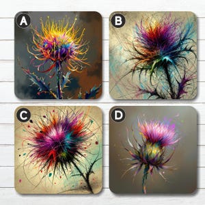 May include: Four square coasters with abstract thistle designs. Each coaster displays a different artwork, with vibrant colours like purple, yellow, and blue. The backgrounds vary from dark to light, creating a visually appealing set for home decor. Coasters measure approximately 10 cm x 10 cm.