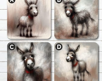 Donkey Square Coasters, 9cm x 9cm, Cork Backed, Gloss Finish, Wipe Clean, Friendship Gift