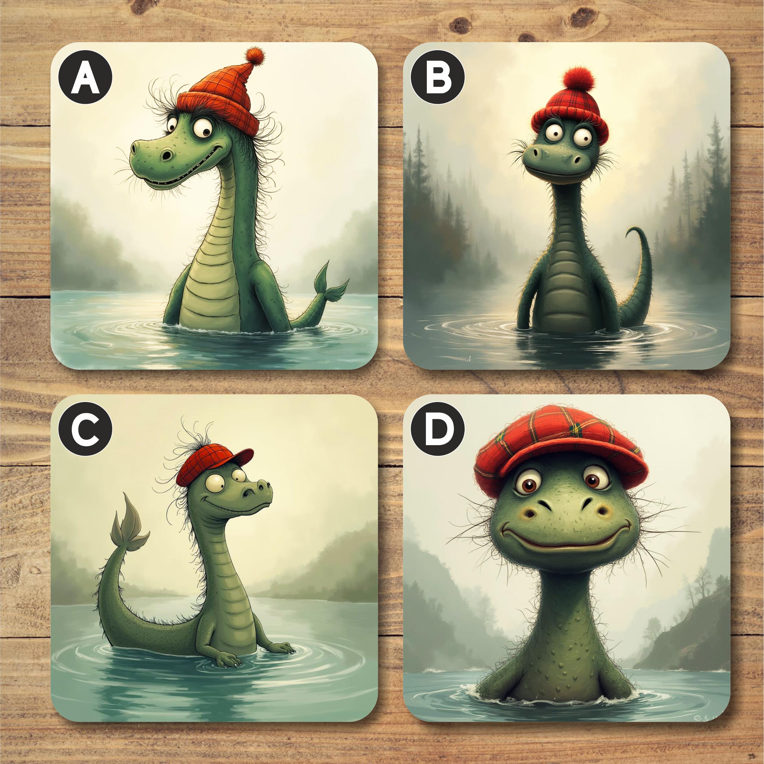 Nessie / Loch Ness Monster Square Coasters, 9cm x 9cm, Cork Backed, Gloss Finish, Wipe Clean, Friendship Gift