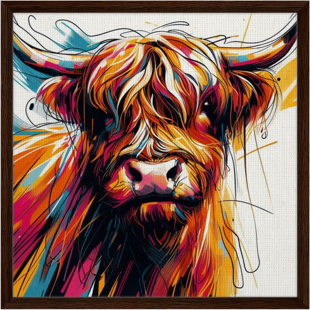 Colourful Highland Cow Framed Canvas 60cm Square Art Print colourful-highland-cow-framed-canvas-60cm-square-art-print