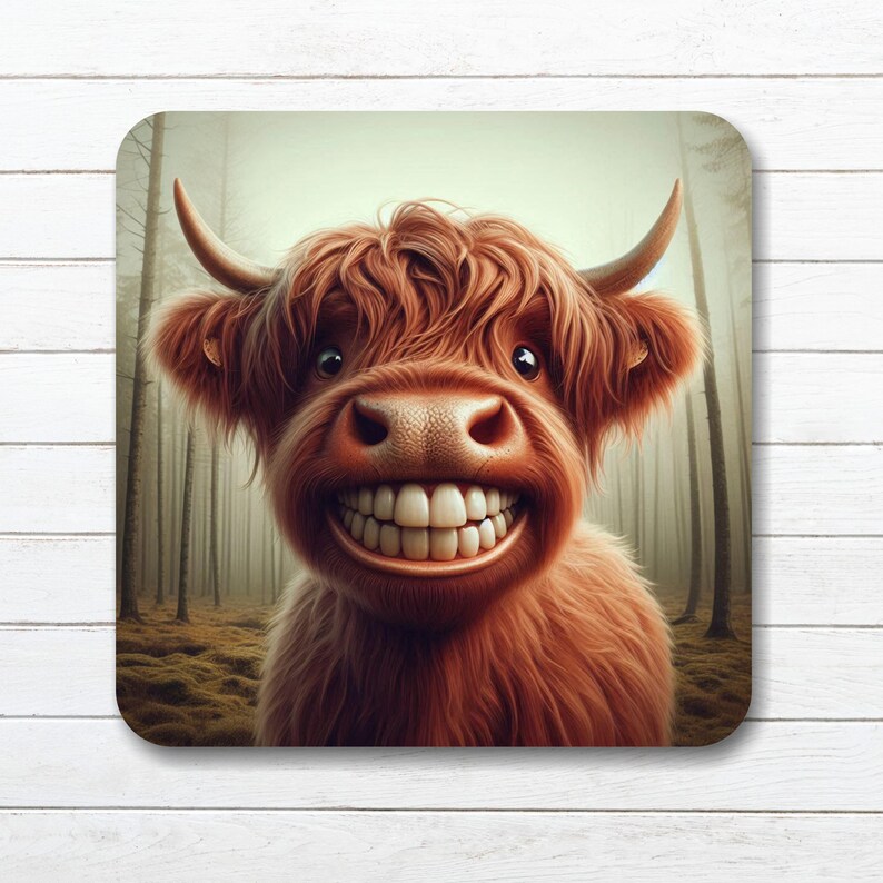 Smiling Highland Cow Coaster: Cork Backed, Gloss Finish C