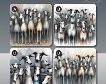 Op de afbeelding: Vier vierkante afbeeldingen met illustraties van windhonden met kleurrijke halsbanden. Elke afbeelding toont een andere opstelling van de honden, met verschillende aantallen en poses. Het kunstwerk heeft een geschetste stijl, met het logo van Simple Design Company rechtsboven.