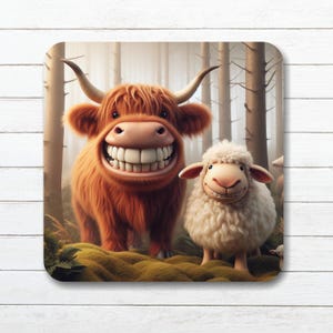 Smiling Highland Cow Coaster: Cork Backed, Gloss Finish A