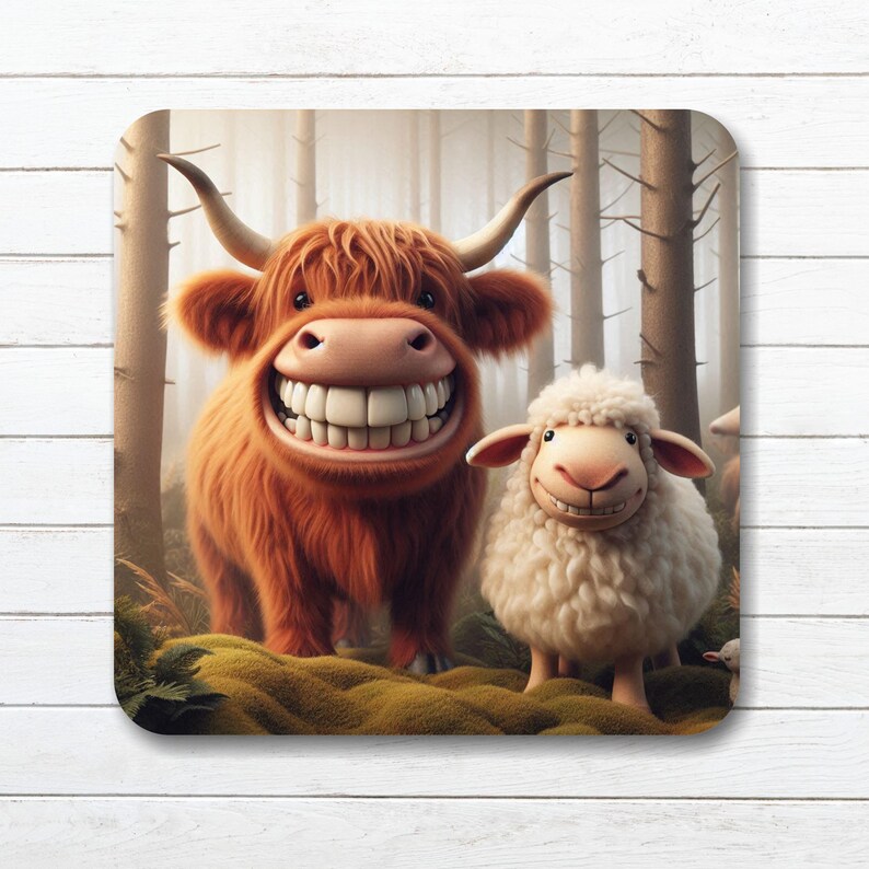 Smiling Highland Cow Coaster: Cork Backed, Gloss Finish A