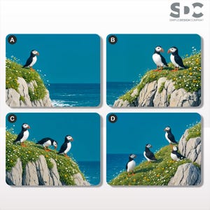 May include: Four square images depicting puffins on a cliff edge with the sea in the background. Each image shows a different arrangement of the birds. The Simple Design Company logo is in the top right corner. The images have a blue background.
