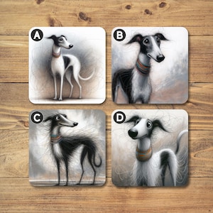 May include: Four square coasters featuring a black and white cartoon dog with a colourful collar. The coasters are labelled A, B, C, and D.