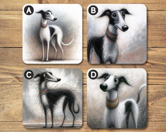 Op de afbeelding: Vier vierkante onderzetters met een zwart-witte cartoonhond met een kleurrijke halsband. De onderzetters zijn gemarkeerd met A, B, C en D.