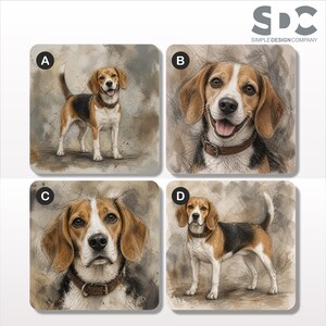 Puede incluir: Cuatro posavasos cuadrados con ilustraciones estilo acuarela de un perro beagle. Cada posavasos está etiquetado con una letra de la A a la D. Los diseños muestran al beagle en varias poses, incluyendo de pie y retratos, todos con un collar marrón.