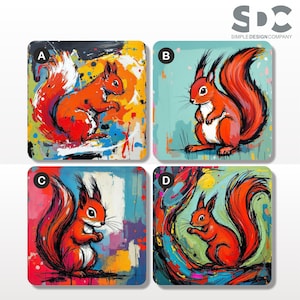 Colourful Abstract Red Squirrels Square Coasters, 9cm x 9cm, Cork Backed, Gloss Finish, Wipe Clean, Perfect Red Squirrel Lover Gift