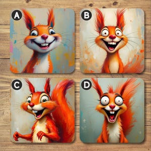 Cute Cartoon Red Squirrels Square Coasters, 9cm x 9cm, Cork Backed, Gloss Finish, Wipe Clean, Perfect Red Squirrel Lover Gift