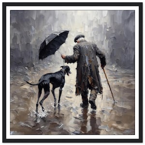 May include: A painting of a man with a black umbrella walking with a black dog in the rain. The man is wearing a long coat and the dog is a greyhound.