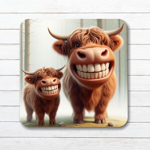 Smiling Highland Cow Coaster: Cork Backed, Gloss Finish D