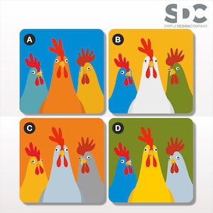 May include: Four square designs with cartoon rooster illustrations in different colour combinations. Each design shows three roosters with red combs and wattles. The backgrounds are blue, yellow, orange, and green. The Simple Design Company logo is in the top right corner.