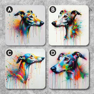 Puede incluir: Cuatro pinturas abstractas coloridas de un galgo con fondo blanco. Cada pintura tiene una letra A, B, C o D en un círculo en la esquina superior izquierda.