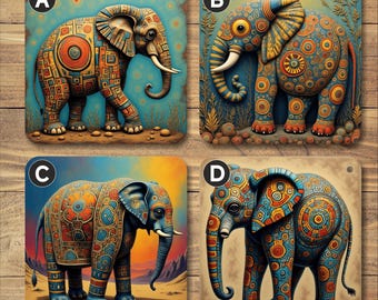 Tribal Elephant Coasters: 9cm x 9cm, Cork Backed, Gloss Finish, Friendship Gift