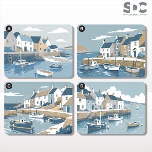 May include: Four illustrations of coastal scenes, each depicting a harbour with boats and buildings. The images show different arrangements of boats, docks, and houses in a muted colour palette of blues, whites, and tans. The top right corner of the image has the text "SIMPLE DESIGN COMPANY".