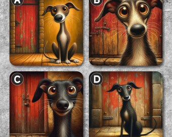 Op de afbeelding: Vier vierkante onderzetters met een cartoonhond met grote ogen en een vriendelijke uitdrukking. Elke onderzetter heeft een andere achtergrond, waaronder een rode deur, een houten deur en een rood-witte deur. De onderzetters zijn gemaakt van een duurzaam materiaal en zijn perfect om uw meubels te beschermen tegen vlekken en krassen.