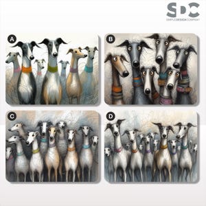 Puede incluir: Cuatro impresiones artísticas rectangulares con galgos estilizados. Cada impresión muestra una disposición diferente de los perros, con diferentes colores y collares. Las impresiones están etiquetadas A, B, C y D, y el logotipo de Simple Design Company está en la esquina superior derecha.