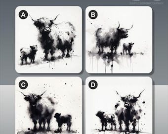 Posavasos con dibujo a tinta de vaca de las Tierras Altas: 9 cm x 9 cm, base de corcho, acabado brillante.