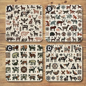 May include: Four square coasters with a geometric pattern of stylized animals and symbols. The coasters are in shades of brown, black, white, and green. The coasters are labeled A, B, C, and D.
