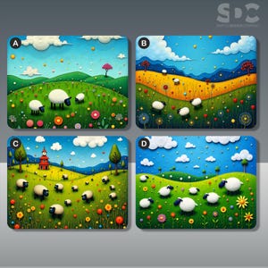 Può includere: Quattro stampe artistiche di paesaggi colorati con pecore al pascolo in campi fioriti sotto cieli blu. Ogni stampa ha una composizione unica con diversi numeri di pecore, alberi e formazioni nuvolose. Le stampe sono etichettate A, B, C e D.