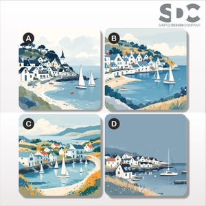 May include: Four square coasters with coastal village scenes. Each coaster depicts a different illustration of white buildings, sailboats, and blue water. The top right corner of the image has the text "SDC SIMPLE DESIGN COMPANY".