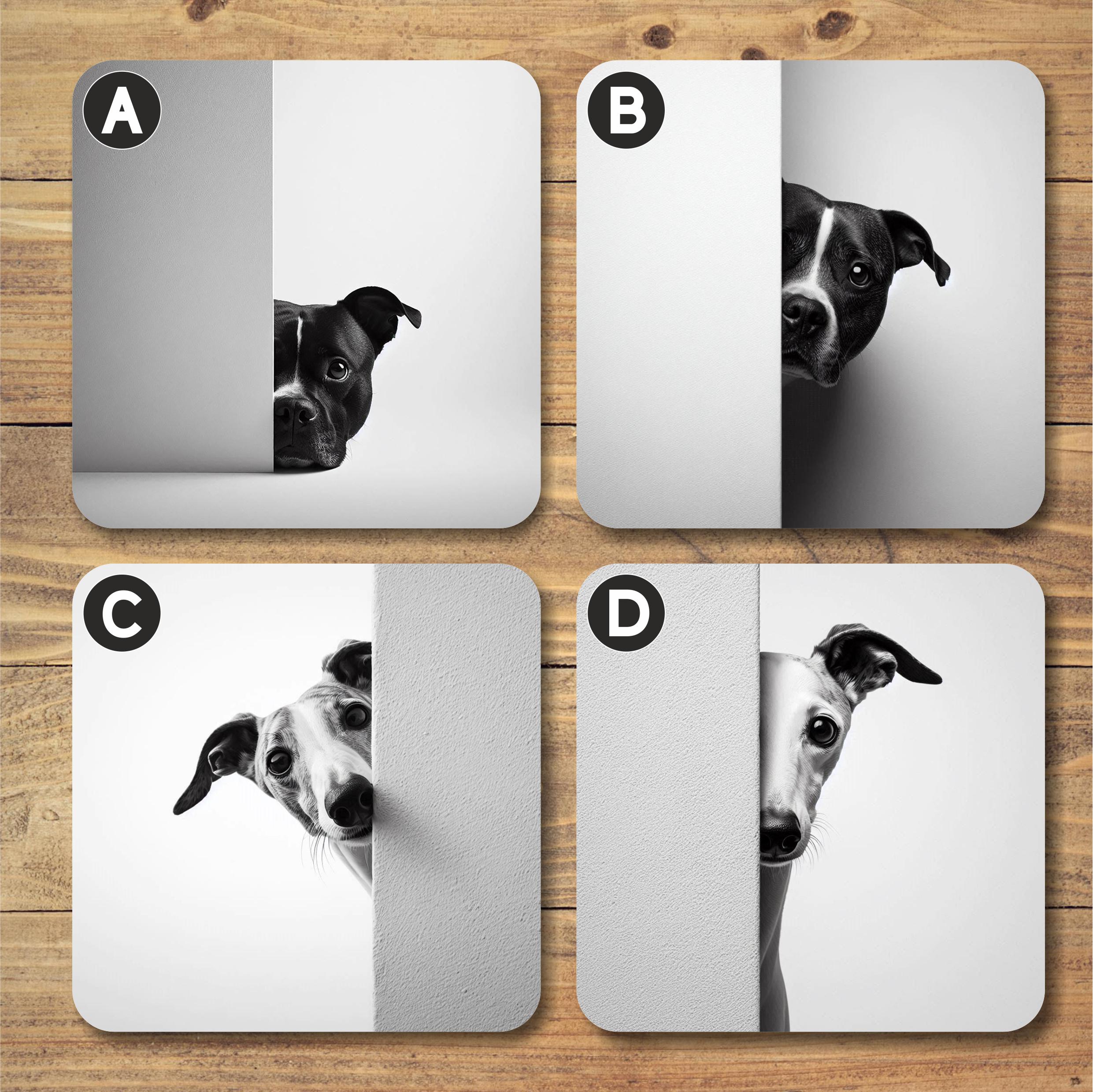 Even More Black & White Dog Square Coasters, 9cm x 9cm, Cork Backed, Gloss Finish, Wipe Clean, Dog Lovers Gift, Staffies and Whippets