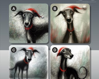 Op de afbeelding: Vier vierkante onderzetters met grillige illustraties van een windhond met een kerstmuts en een rode halsband. De onderzetters hebben een witte achtergrond en zijn gelabeld met A, B, C en D. Het logo van Simple Design Company staat rechtsboven.