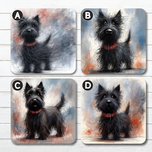 Scotties / Scottish Terrier Coasters, 9cm x 9cm, Cork Backed, Gloss Finish, Wipe Clean, Friendship Gift