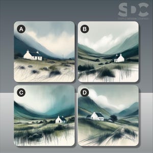 Puede incluir: Juego de cuatro impresiones artísticas cuadradas con pinturas de paisajes en acuarela de casas blancas ubicadas en valles. Cada impresión muestra una perspectiva diferente de la misma escena, con montañas y cielos nublados. Las impresiones están etiquetadas A, B, C y D.