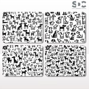 May include: Four white rectangular coasters with black dog illustrations. Each coaster features a different pattern of dog drawings. The top right corner of the image has the text "SIMPLE DESIGN COMPANY".
