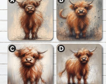 Posavasos cuadrados con diseño de vaca de las Tierras Altas, 9 cm x 9 cm, base de corcho, acabado brillante, regalo de amistad.