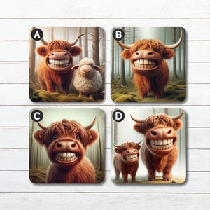 Smiling Highland Cow Coaster: Cork Backed, Gloss Finish FULL SET OF 4
