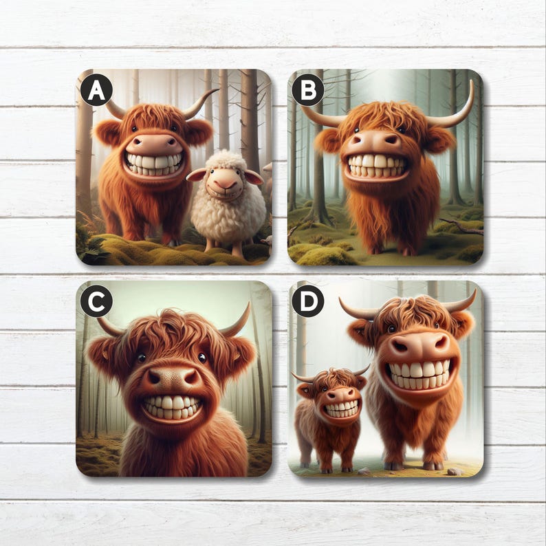 Smiling Highland Cow Coaster: Cork Backed, Gloss Finish FULL SET OF 4
