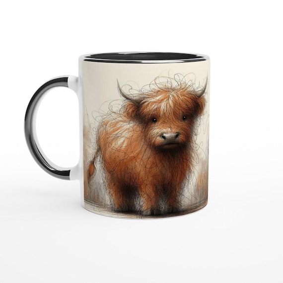 Highland Cow Sketch Mug: 11oz Ceramic Coffee Mug, Animal Lover Gift