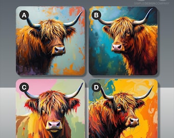 Posavasos con forma de vaca de las Tierras Altas: Acabado brillante y colorido, base de corcho.