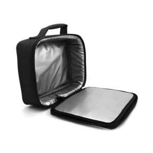 May include: Black insulated lunch bag with a handle and a zip closure. The interior is silver, and the lid is open, revealing the inside. The bag is designed to keep food and drinks cool.