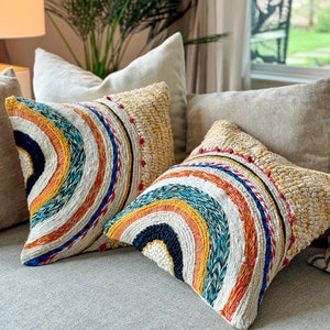 Handmade Boho Throw Pillow Cover: Colorful Arches, Textured Cotton (18x18 in.)