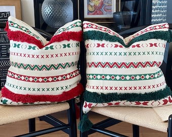 Boho Christmas Pillow Cover Set: Tufted Embroidered Cotton, 18x18 inch