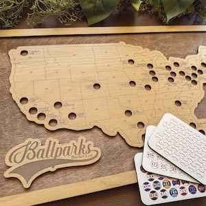 Baseball Ballparks Bucket List Map – Wooden Stadium Tracker Wall Art with Tokens – Gift for Baseball Fans