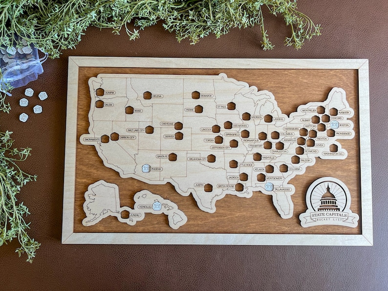 U.S. State Capitals Bucket List Map – Wooden Travel Tracker With Tokens ...