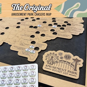 Amusement Parks Bucket List Map | Wood Wall Map with Tokens
