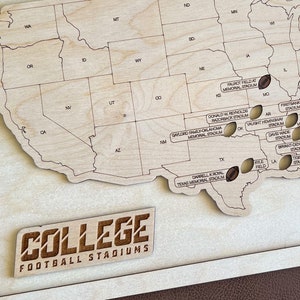 May include: A wooden map of the United States with the names of college football stadiums and a brown football icon in each state. The map is labeled "COLLEGE FOOTBALL STADIUMS".
