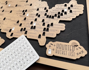 Haunted Locations Bucket List Map – Wooden Travel Tracker with Tokens – Curated Spooky Road Trip Gift for Ghost Hunters & Horror Fans