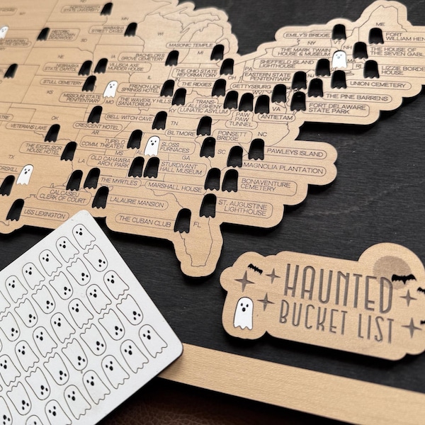 Haunted Locations Bucket List Map – Wooden Travel Tracker with Tokens – Curated Spooky Road Trip Gift for Ghost Hunters & Horror Fans