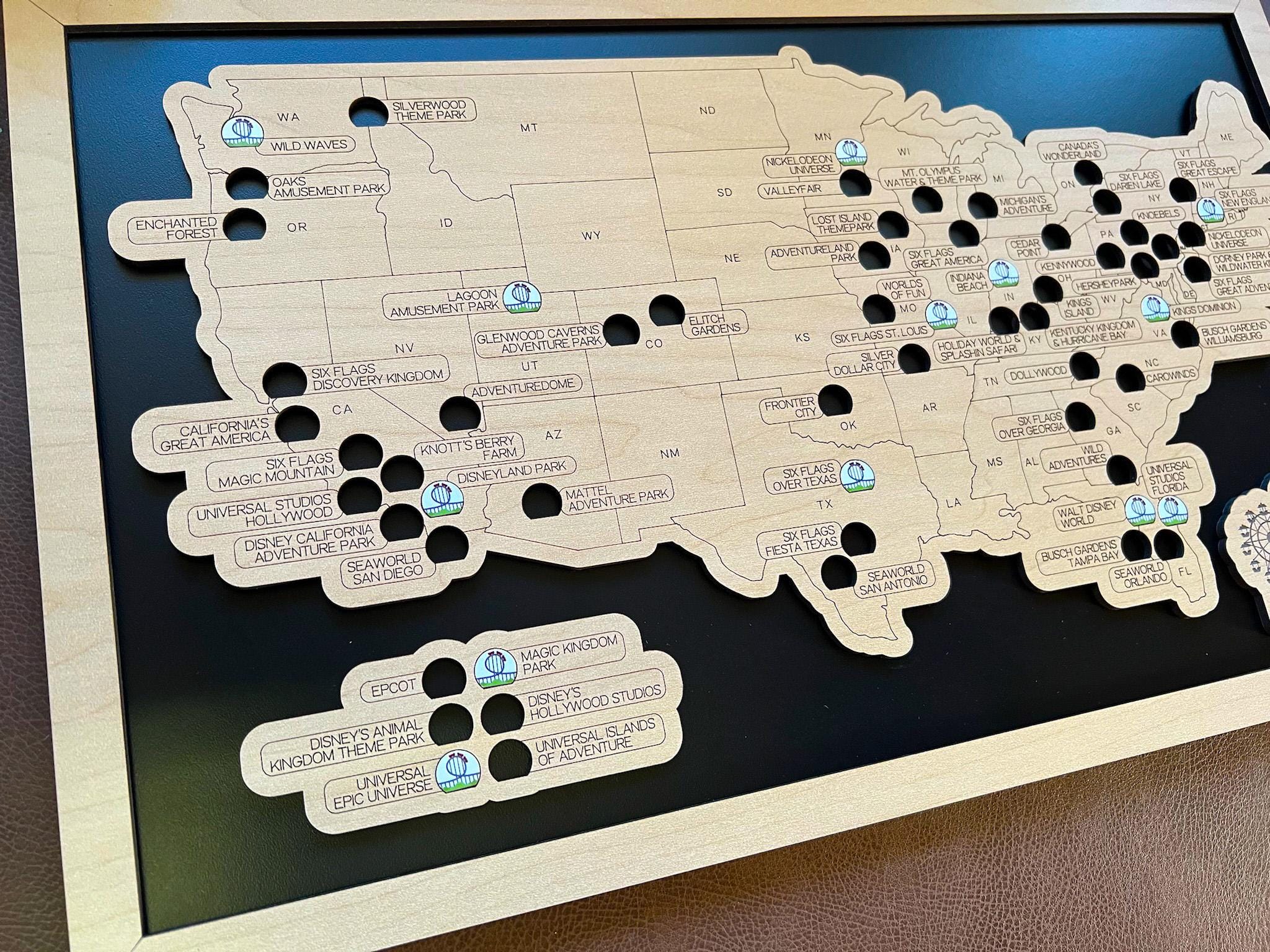 Amusement Parks Bucket List Map | Wood Wall Map With Tokens - Etsy