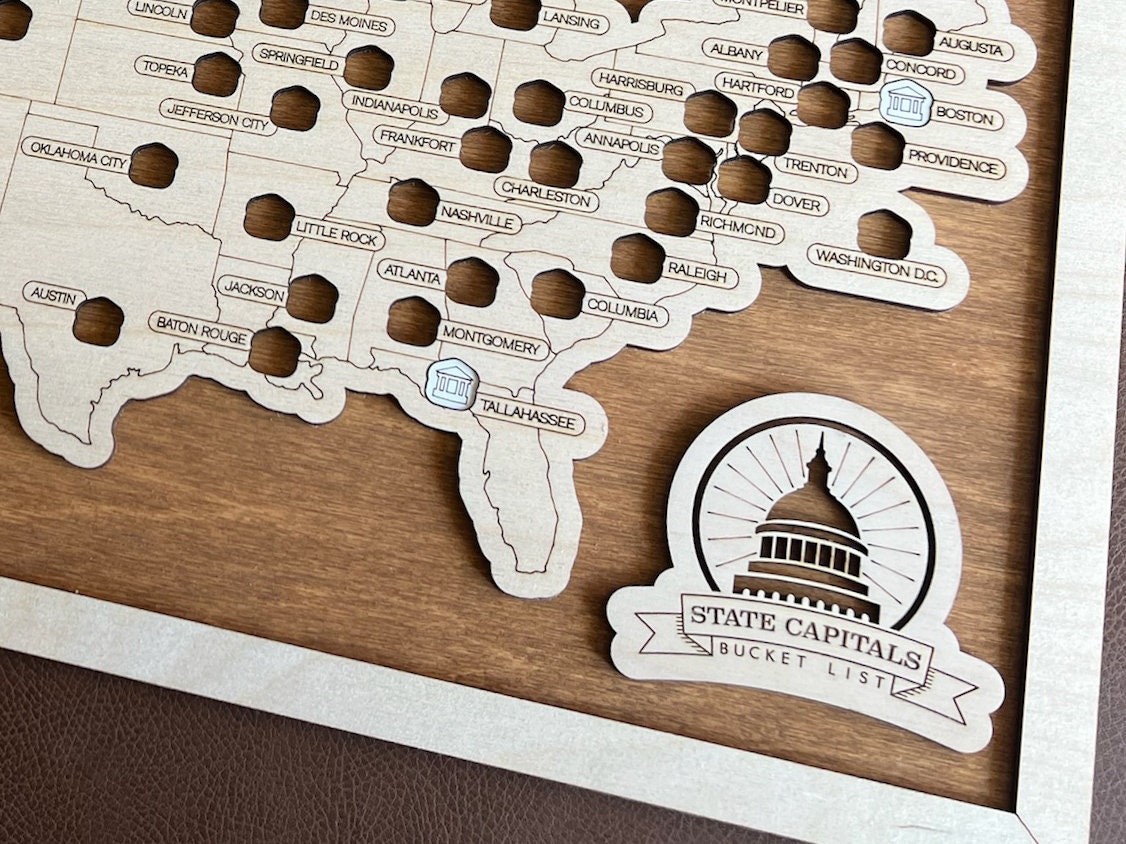 U.S. State Capitals Bucket List Map – Wooden Travel Tracker With Tokens ...